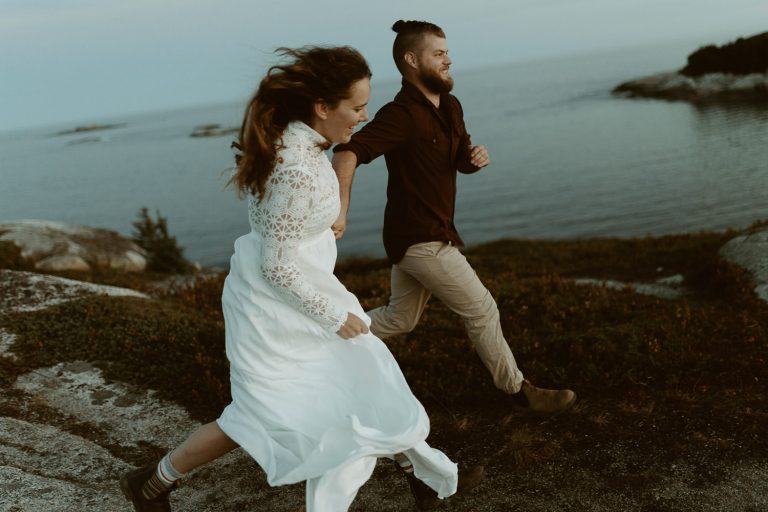 couples running at pollys cove elopement